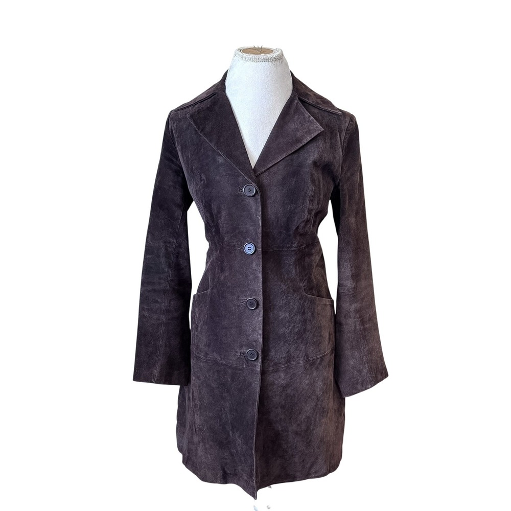 Vintage Womens Chocolate Brown Suede Leather Coat Trench Duster Medium 90s 70s